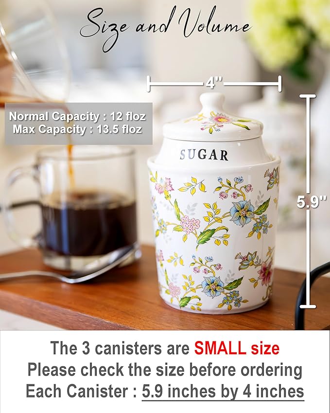 Small Coffee Tea Sugar Canister Set with Airtight Lids - Elegant Flower Kitchen Canisters Set of 3 Pantry Jars Containers - Decorative Ceramic Canister Set for Countertop or Coffee Bar - 13.5 Ounce