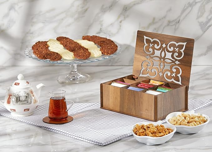 RoyalHouse Premium Wood (Hard MDF) Tea Storage Box Organizer (Walnut), Eco-Friendly Multi-Functional Decorative Box, 9 Compartments For Assorted Variety Of Tea Bags and Small Items