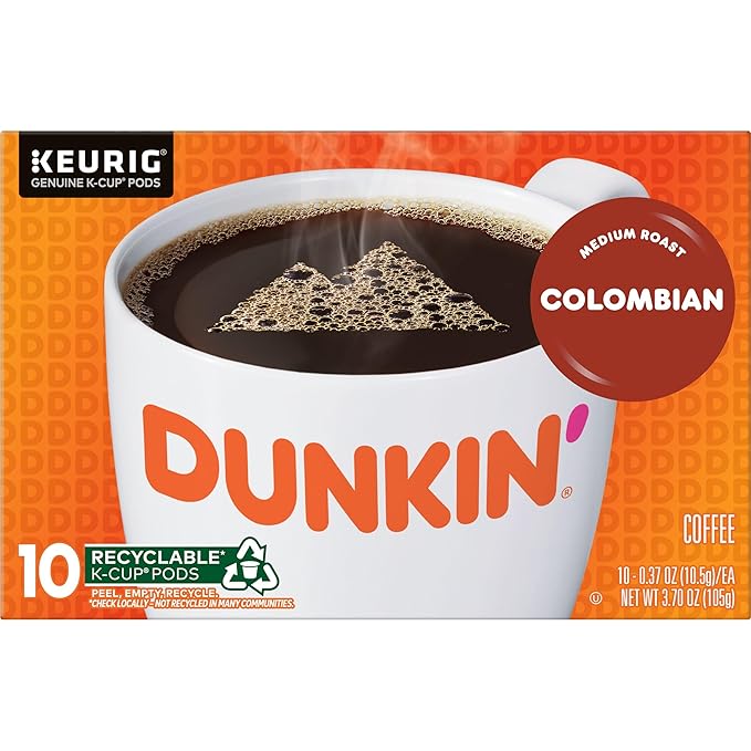 Dunkin' 100% Colombian Medium Roast Coffee, 10 Keurig K-Cup Pods