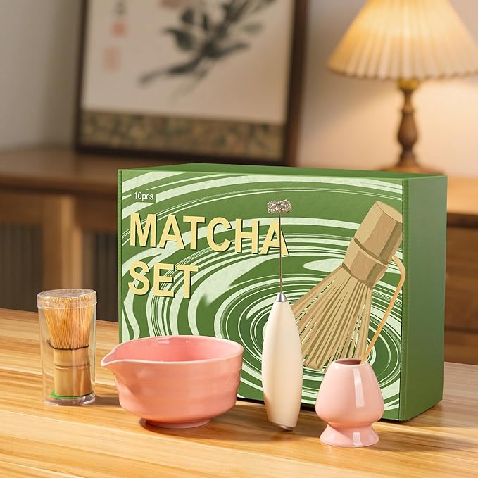 FEXIA 10 Pcs Matcha Whisk Set, Matcha Making Kit, Powerful Milk Frother Wand, Bowl With Spout, Bamboo Whisk, Whisk Holder, Stainless Sifter, Spoon for Japanese Traditional Tea Tools Gift (Pink)
