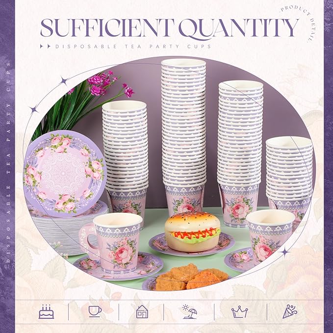 Nuogo 200 Pcs Floral Paper Tea Cups and Saucers 7 oz Disposable Tea Party Decorations Vintage Cute Paper Tea Cups and Plates with Handles for Wedding Baby Bridal Shower Birthday, Serve 100 (Purple)