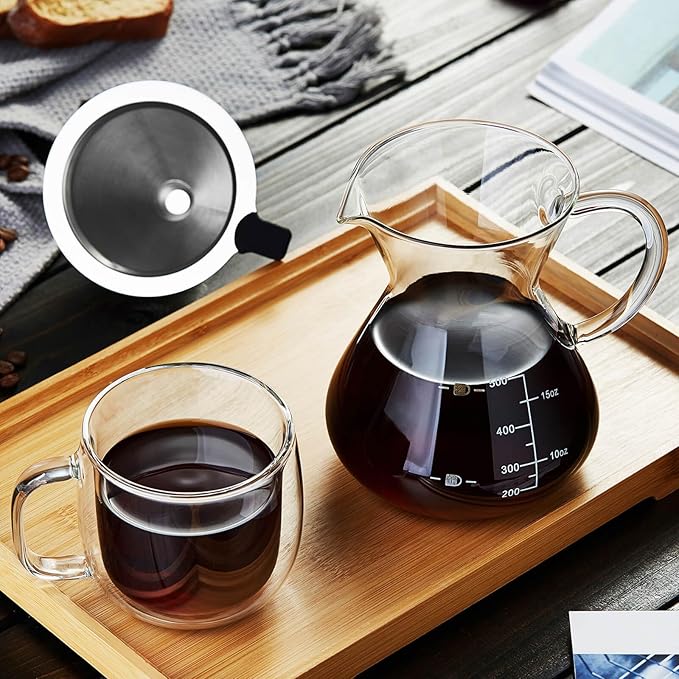 Unbreakable - Pour Over Coffee Maker with Double Stainless Filter 17oz, Thickened Heat-Resistant Borosilicate Glass Dripper Coffee Pour Over, Stovetop Safe