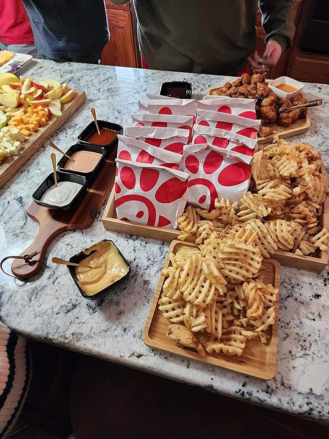 Bamboo Serving Trays 16.5"x11.8"(42x30cm with Handle, Set Includes 0.63"(1.6cm) Thick Dinner Plates Hexagon 12.5"(32cm)+Rectangle 9.8"(25cm)*5.9"(15cm)+Square 5.9"(15cm)