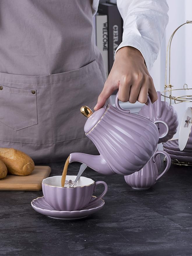 Jusalpha Fine China 8 OZ Purple Coffee Cup/Teacup, Saucer, Spoons, Teapot and Creamer Set, 17-Pieces (FD-TW17PC Set, Purple)
