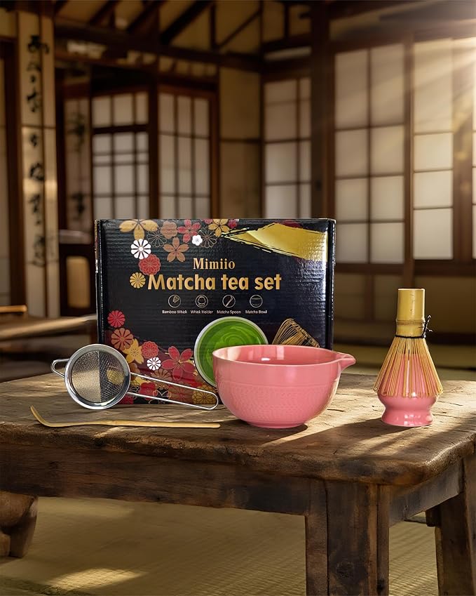 Mimiio Pink Matcha Whisk Set, 5 Pcs - Pink, Ceramic & Bamboo, Japanese Traditional Matcha, Includes Bowl, Whisk, Holder, Sifter, Scoop