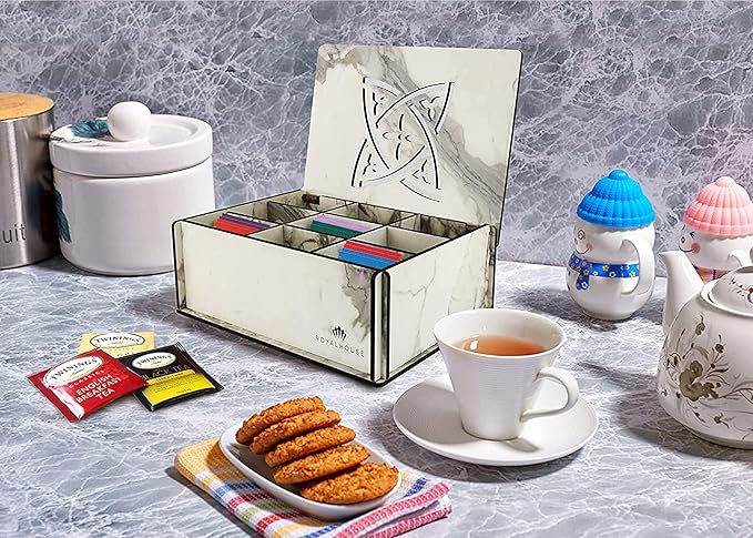 RoyalHouse Premium Wood (Hard MDF) Tea Storage Box Organizer (Marble), Eco-Friendly Multi-Functional Decorative Box, 9 Compartments For Assorted Variety Of Tea Bags and Small Items