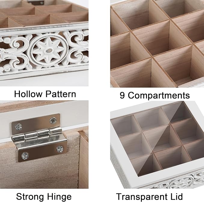 Tea Bag Organizer Wooden Tea Box for Tea Bags, Tea Organizer 9 Compartments Tea Chest Storage Box with Clear Lid, Tea Bag Holder Tea Caddy for Tea Coffee Sugar, Home Kitchen Office, White