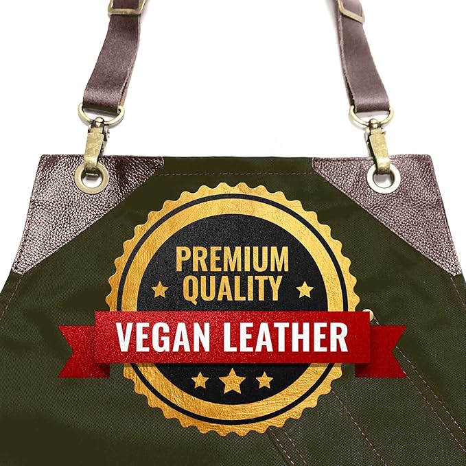 Under NY Sky Barista Apron - Brown Leather Straps and Reinforcement - Riveted Pockets - Double Stiched - Leather Ring Loop - Professional Green Twill - Double as Half Bistro Apron - Chefs, Bartender