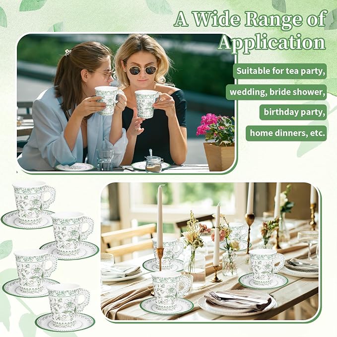 Whaline 80 Pcs Green White Floral Paper Tea Cups and Saucers Porcelain Chinoiserie Flower 9oz Disposable 40 Teacups with Handle and 40 Dessert Plates for Wedding Baby Shower Birthday Spring Tea Party
