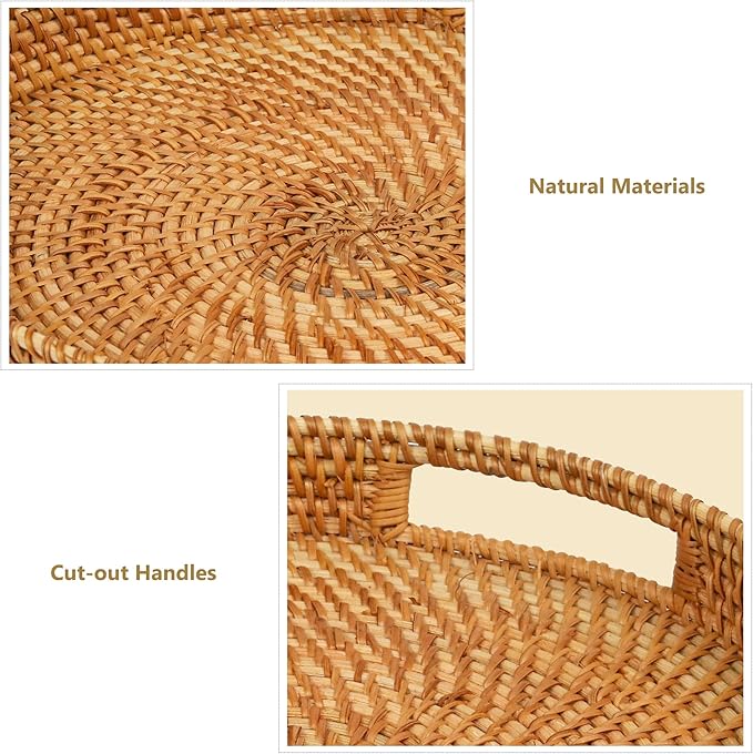 Round Rattan Tray, 2 Pack Handwoven Wicker Serving Trays with Handles for Storage and Display (13.78"x1.97";11.81"x1.97")