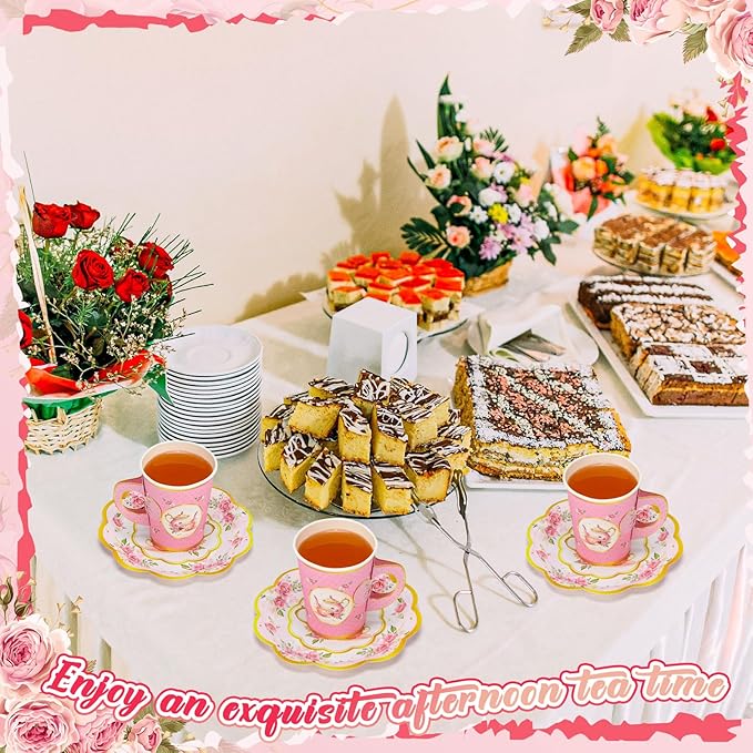 Tioncy 100 Pcs Tea Party Decorations Include 50 Pieces 9 oz Paper Tea Cups with Handle and 50 Plates Disposable Teacups and Saucers Sets for Birthday(Teapot)