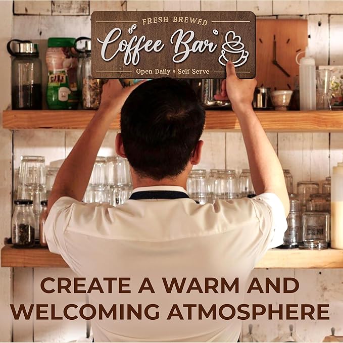 Woodamore Coffee Bar Signs for Wall Decor - Vintage Coffee Accessories for Cafe Station Signs Decorations, Small Farmhouse Cafe Sign for Home Decor Kitchen, Countertop