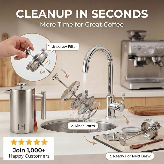 Barista Warrior French Press Coffee Maker Stainless Steel with Built-In Thermometer - Insulated Double Wall Design, Dual Filter System, Stay-Cool Handle & Wood Spoon - Silver