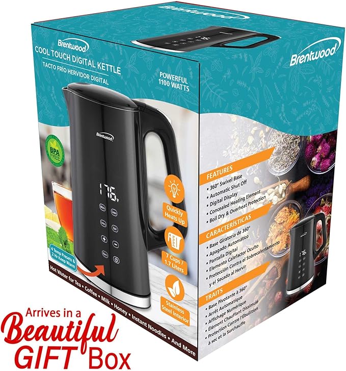 Brentwood 1100W 1.7L Cordless Cool Touch Digital Kettle with Stainless Steel Interior, Temperature Control with 4 Presets, 360° Base, Auto Shut-Off, Keep Warm, & Boil Dry Protection (Black, 7.2 Cups)