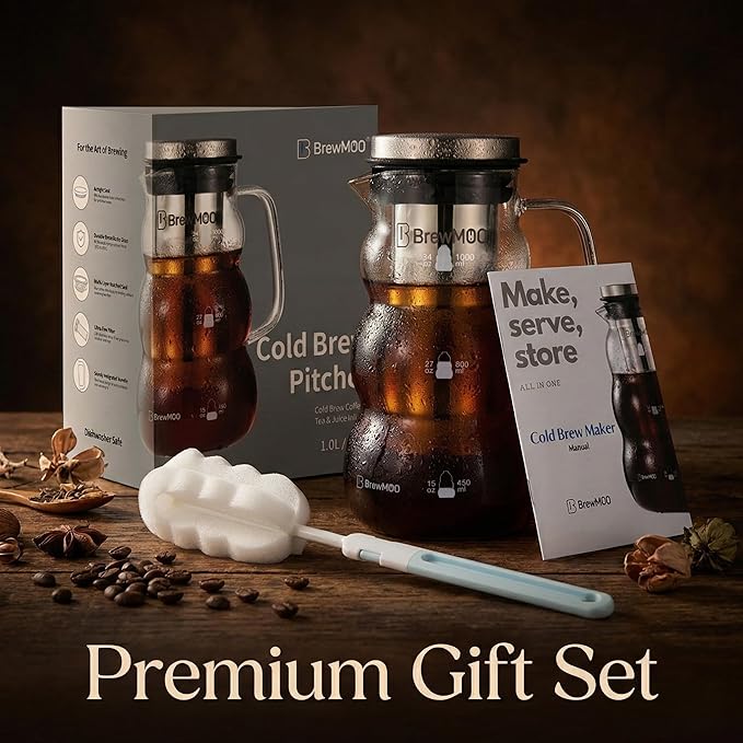 Cold Brew Coffee Pitcher (1.0L/34oz) - Elegant Sleek Wave Borosilicate Glass Pitcher with 100um 304 Stainless Steel Filter & Airtight Lid, Efforless Mannual for Beginner, Sophisticated Gift