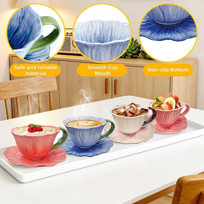 JUSONEY 10 oz Tea Cups and Saucers, Ceramic Flower-shaped Cappuccino Cup, Latte Cup and Saucer set, elegant floral Espresso Cup set, cups are microwave and dishwasher safe-Blue