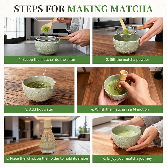Matcha Whisk Set, Japanese Tea Ceremony Utensils (8 PCS) with Matcha Bowl with Spout (19 oz), Bamboo Whisk, Scoop, Holder, Sifter, Tea Towel â Authentic Matcha Set & Gift Box (Green)