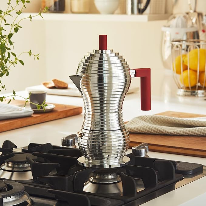 Alessi MDL02/6 R "Pulcina" Stove Top Espresso 6 Cup Coffee Maker in Aluminum Casting Handle And Knob in Pa, Red