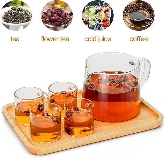Glass Teapot 51oz/1500ml with 6 Pack Tea Cups Gift Set, Removable Stainless Steel Infuser Tea pot, Heatproof Borosilicate Glass Tea Make, Stovetop Safe Glass Tea Kettle for Loose and Blooming Leaf Tea