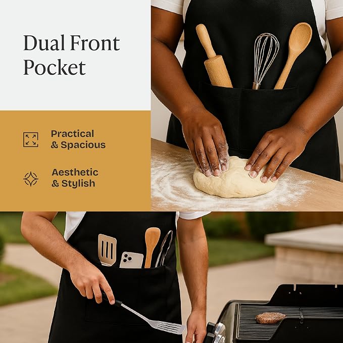 Will Well Chef Apron for Men and Women - 33" x 27" Large with 38" Waist Ties for a Comfy and Snug Fit, Durable and Lightweight, with 2 Spacious Pockets for Your Cooking Essentials - 2-Pack, Black | Unisex 33'' x 27'' Oil & Water Resistant Soft Kitchen ... - Image 8