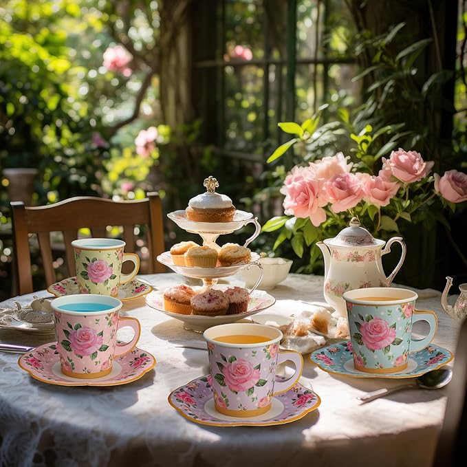 Umigy 36 Sets Tea Party Decorations 6.5 oz Floral Paper Tea Cups with Handle and Plates Disposable Blossom Teacups and Saucers Sets for Girls Kids Birthday Garden Wedding Party Supplies(Mixed Color)
