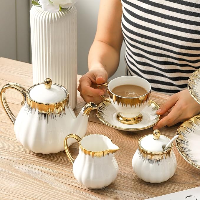 Ceramic Teapot, Ceramic Tea Pot with Removable Stainless Steel Infuser White Teapots with Gold Trim, Floral Teapot, Tea Kettles for loose leaf tea and tea bags, Coffee(30oz)