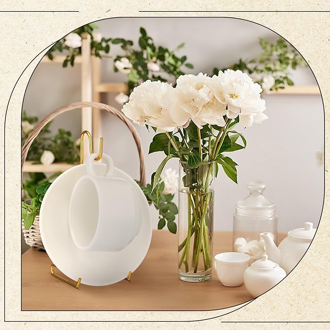 4 Pcs Tea Cup Display Stand Gold Metal Saucer Racks Tea Cup Holder China Display Stand Picture Frames Book Card Mug Organizer Bowl Decorative for Kitchen Table Plate Art