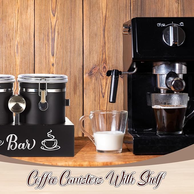 Maxcheck 2 Pcs 66 oz Coffee Sugar Canisters with Shelf & Scoop, Easter Gifts Airtight Stainless Steel Container with Lids, Home Kitchen Food Storage Jars for Grounds, Beans, Tea, Cereal(Black)