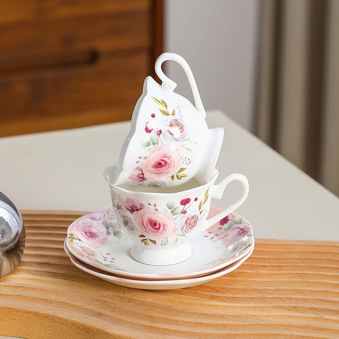 Porcelain Demitasse Set of 6 (12-Piece) - 2.5oz Espresso Cups & Saucers with Romantic Pink Floral Pattern, Dishwasher & Microwave Safe