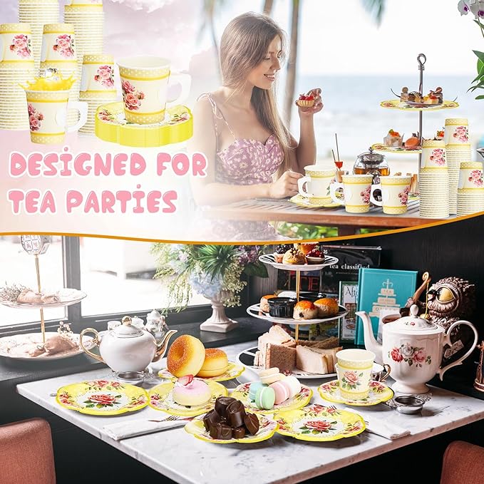 100 Pcs Tea Party Decorations Includes 50 7 oz Paper Tea Cups with Handle 50 Vintage Floral Plates Disposable Tea Cups and Saucers for Wedding Spring Party Birthday Hot Cold Drinks(Yellow)
