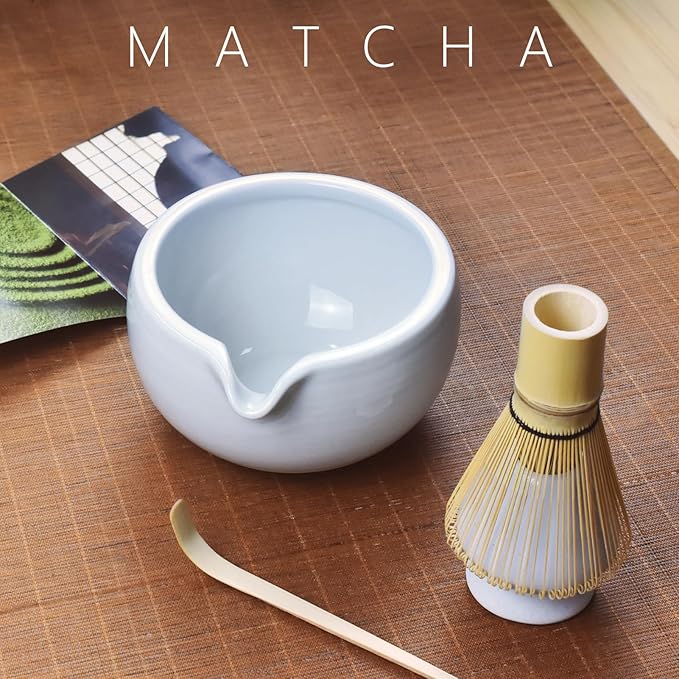Artcome 4 Pcs Complete Matcha Tea Ceremony Kit - Bowl, Whisk, Whisk Holder, Tea Scoop - For Usucha, Koicha and Matcha Latte (White)
