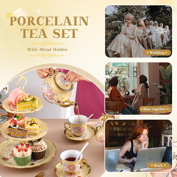 21 Pcs Ceramic Teapot Set Vintage Porcelain Tea Cups with Metal Holder and High Tier Cupcake Stand Saucers for Women Girls Farmhouse European Weddings Party Decor Gifts(Yellow,Fall)