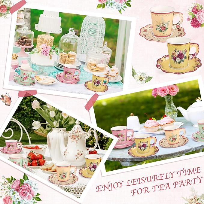 24 Sets Vintage Floral Tea Party Cups 7 OZ Disposable Paper Tea Cups with Handle and Plates Teacups and Saucer Sets for Baby Bridal Shower Wedding Birthday(Vintage Style)