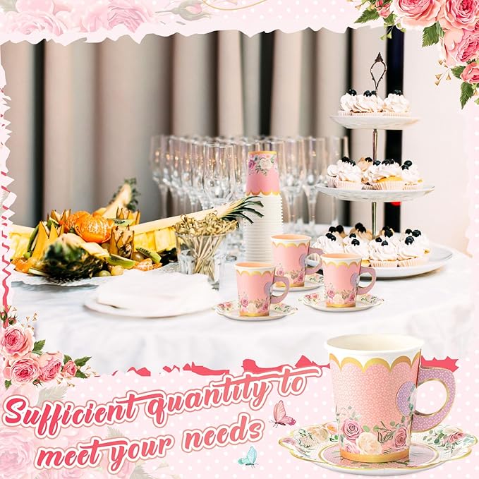 Domensi 60 Pieces Tea Party Decorations Include 30 Pcs 9 oz Paper Cups with Handle and 30 Pcs Tea Party Paper Plates Disposable Blossom Teacups and Saucers for wedding Favors(Elegant)