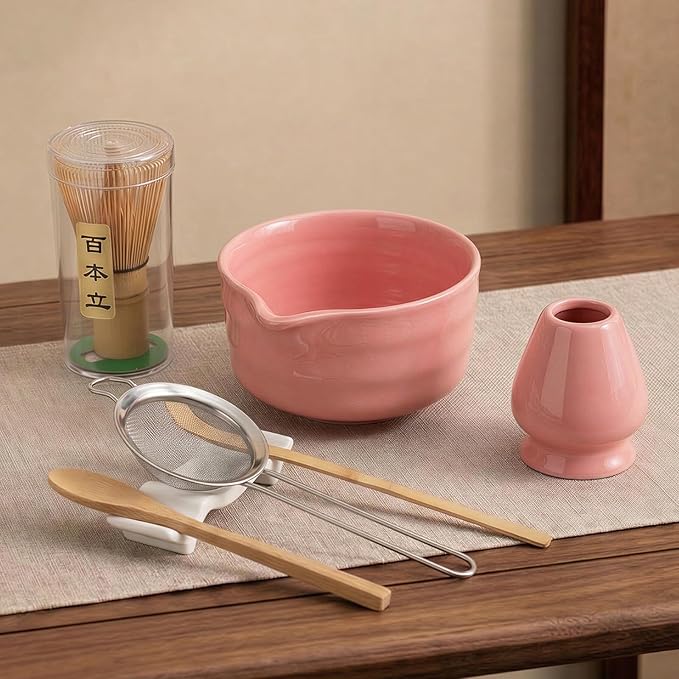 YOLIFE 7 Pcs Matcha Whisk Set, Includes Matcha Bowl with Spout, Bamboo Whisk (Chasen) with Ceramic Holder, Scoop and Powder Spoon, Sifter, Matcha Kit for Ceremony (Pink)