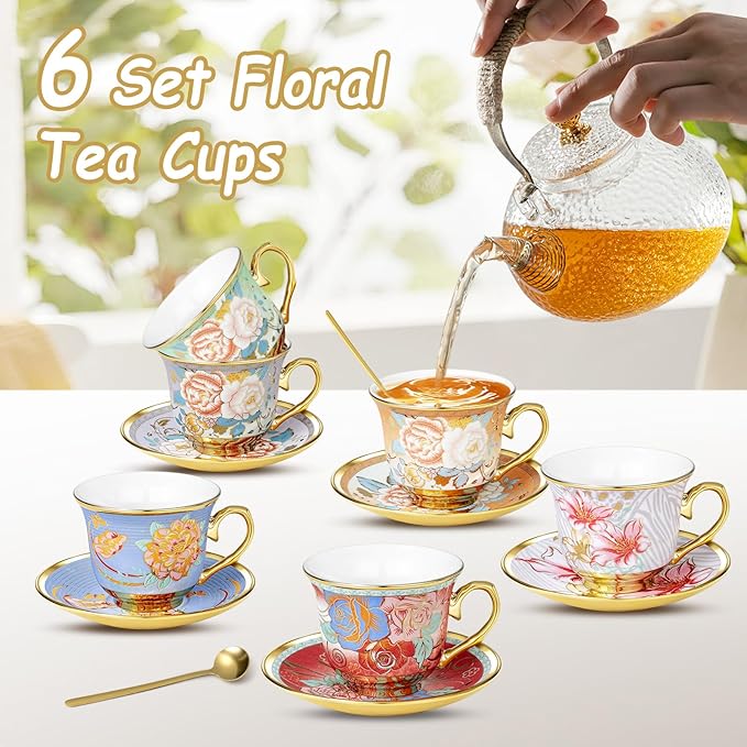 Tea Cups and Saucers, Tea Cup Set of 6, 8 OZ Floral Cups Porcelain Cup Set for Cappuccino, Coffee, Afternoon Tea Birthday Party Supply Housewarming Gift