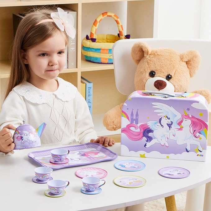 JOYIN Unicorn Tea Party Set for Little Girls, Pretend Purple Tin Teapot Set, Princess Tea Time Play Kitchen Toy with Teapot, Cup, Plate, Carrying Case for Kids Toddler Age 3+, Birthday Gifts
