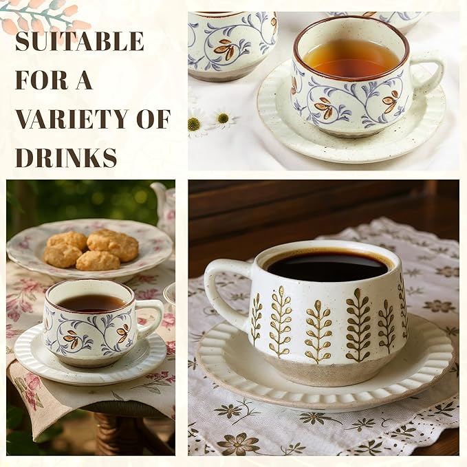 LemonRoad 2 Sets Vintage Tea Cup and Saucer Set Floral Tea Cup with Saucer 10oz Porcelain Vintage Coffee Mugs for Spring Party Birthday Gift Coffee (Leaves and Tang Grass Design)