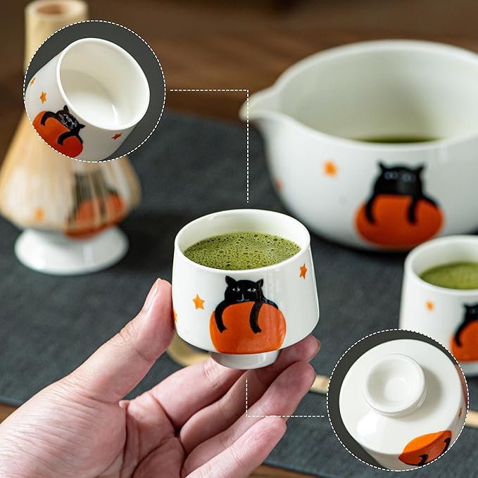 Matcha Set -Cute Cat Matcha Bowl Set with Whisk, Scoop, Whisk Holder & 2 Cups | 6 Pcs Authentic Matcha Tea Ceremony Kit | Great Gift for Tea Lovers