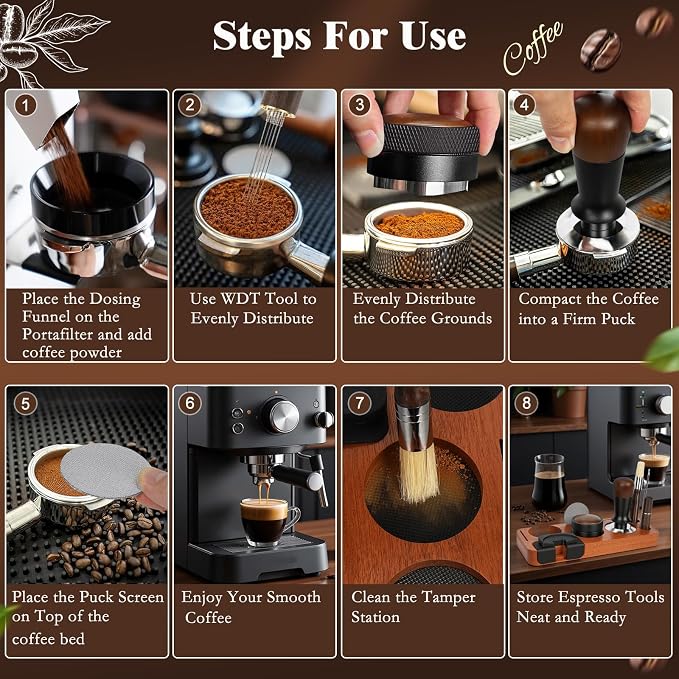 8 PCS Espresso Accessories Kit, 54mm Espresso Tamper Kit Coffee Tamper Set with Coffee Distributor, Espresso Tamping Station, Espresso WDT Stirrer,Dosing Funnel, Fits Breville 54 mm Portafilter - Image 9