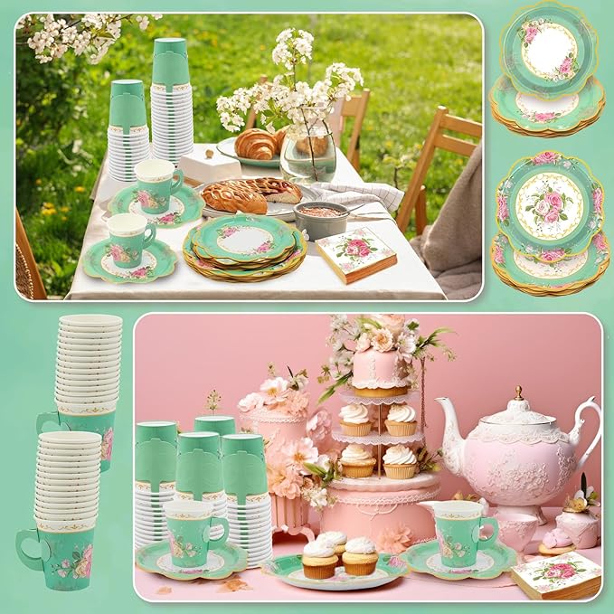 200Pcs Floral Tea Cups and Saucers for Tea Party Supplies, Disposable Tea Cups with Handle and Paper Napkins Dinnerware for Floral Theme Birthday Wedding Bridal Shower Baby Shower(Green)