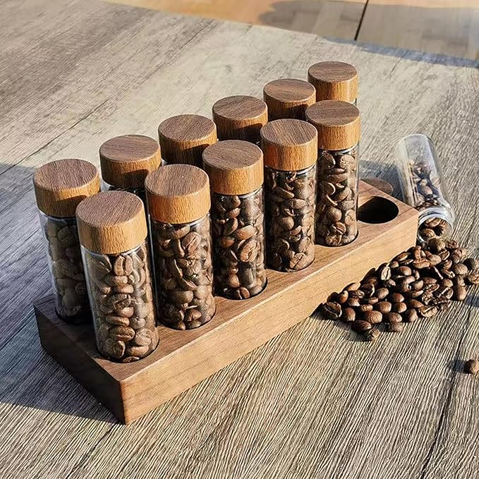 Coffee Bean Storage,Coffee Storage Container with Walnut Solid Wood Base,Coffee Bean Container,12 Tubes Single Dose with Wooden Holder(Type 1)