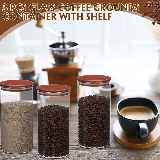Suclain 3 Pcs Glass Coffee Bean Container 44 oz Airtight Coffee Canister with Shelf and Measuring Spoon Kitchen Food Canister Jar for Sugar Candy (Classic Style, Wood, Glass, Stainless Steel)