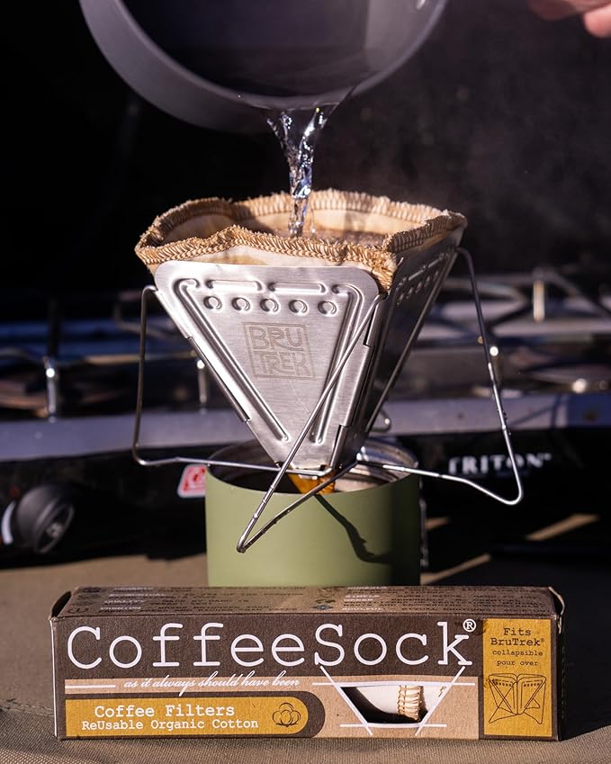 Planetary Design BruTrek Collapsible Pour Over Camping Coffee Maker - Stainless Steel Pour Over, Reusable Cotton CoffeeSock Filters, Canvas Carrying Bag, Compact, Lightweight Design