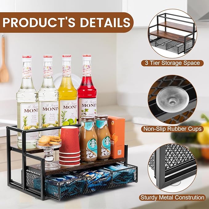 Wetheny Coffee Syrup Organizer for Coffee Bar, 3-Tier Metal Station with K Cup Storage Basket for Countertop, Coffee Pod Organizer Accessories