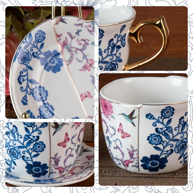 KAMMAK Tea Cups and Saucers Set of 2, Porcelain Coffee Cups, 8-Ounce Stackable Espresso Mugs, Ceramic Demitasse for Coffee, Latte, Americano, Tea, Butterfly & Bird