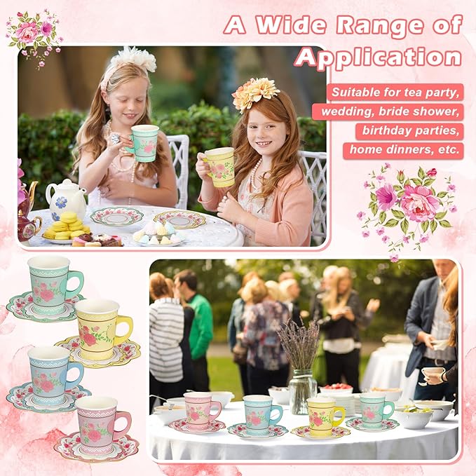 100 Sets Floral Paper Tea Cups and Saucers Disposable Paper Tea Party Supplies 9 oz Cups with Handle and Saucer for Birthday Wedding Party Decorations (Classic Style)