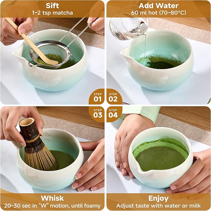 Matcha Whisk Set, 6PCs Japanese Matcha Kit with Crystalline Glaze Matcha Bowl, Purple Bamboo Whisk, Scoop, Sifter & Tea Towel – Gifts for Women Mom Her, Tea Gifts for Christmas, Birthday