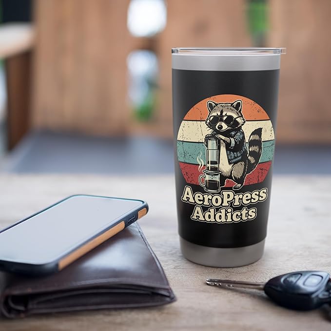 Retro Raccoon Coffee Lover Shirts AeroPress Addicts Stainless Steel Insulated Tumbler