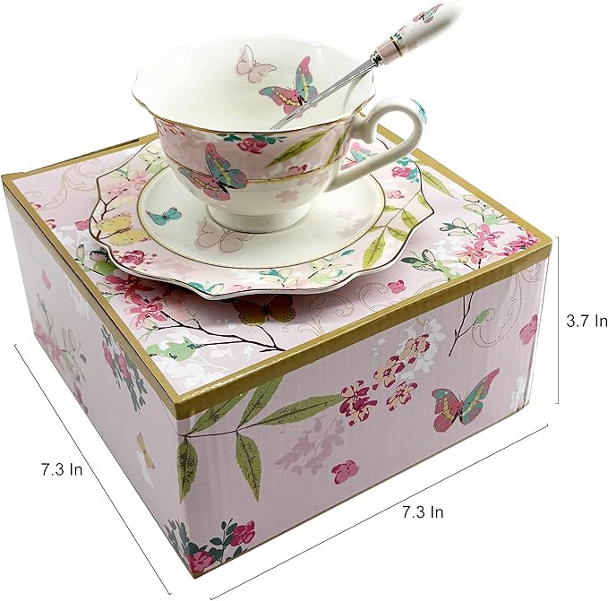 Vintage Ceramic Teacup, Elegant Coffee Cup with Spoon and Saucer Set, Royal Bone China Tea Cups (Pink)
